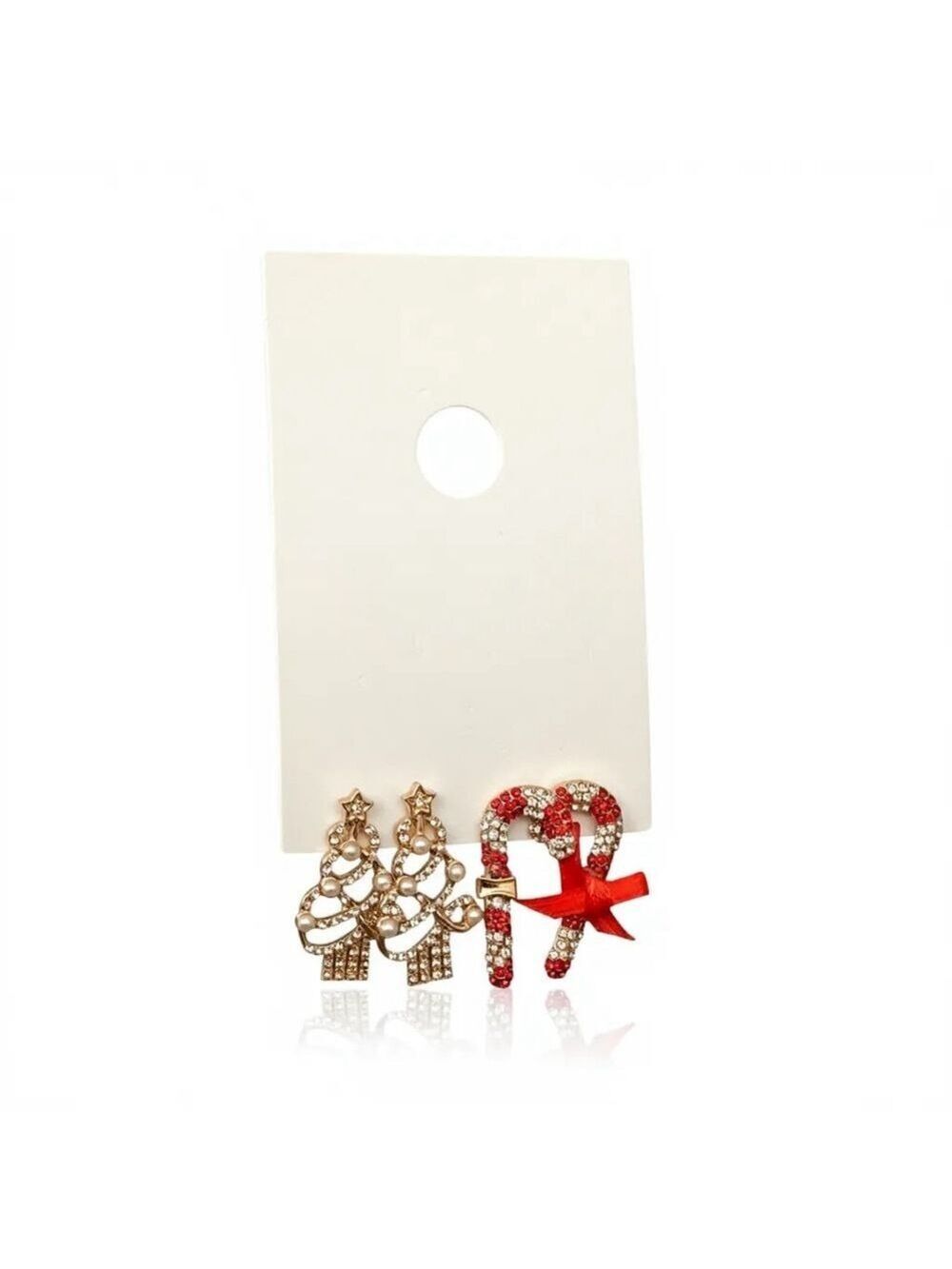 Christmas Tree Candy Cane and Trees Earrings Set of 2 Gold Red